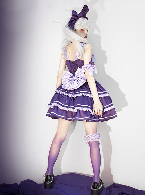 Purple Sexy Metal Zipper Design Three-Layer Pleated Hem Bow Knots Decoration JSK Classic Lolita Dress Set