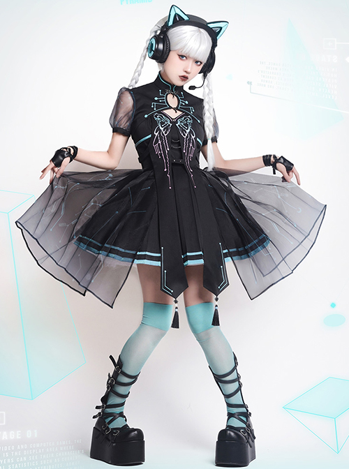 Tech Punk Style Colorful Butterfly Print Design Metal Buckle Decoration Lolita Dress Set