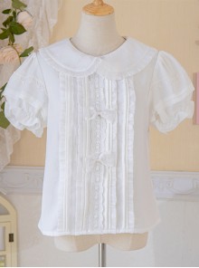 Cute Doll Neckline Court Style Pleated Lace Decoration Puff Sleeves Classic Lolita White Blouse 