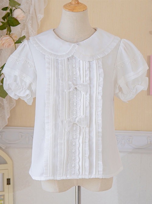 Cute Doll Neckline Court Style Pleated Lace Decoration Puff Sleeves Classic Lolita White Blouse 