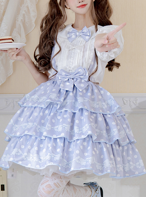 Classic Lolita SK White Polka Dot Design Three-Layer Pleated Hem Bow Knots Print Strap Skirt