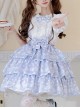 Classic Lolita SK White Polka Dot Design Three-Layer Pleated Hem Bow Knots Print Strap Skirt