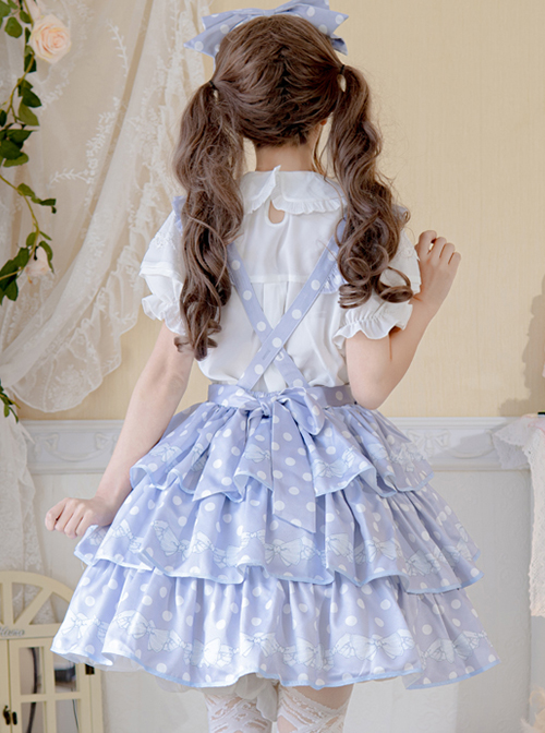 Classic Lolita SK White Polka Dot Design Three-Layer Pleated Hem Bow Knots Print Strap Skirt