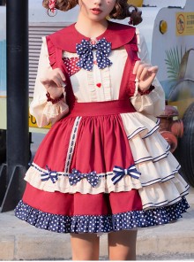 Fruity Bear Series Cute Bow Knots Decoration Polka Dot Hem Sweet Lolita Pleated Strap Skirt Matching Doll Collar Shirt