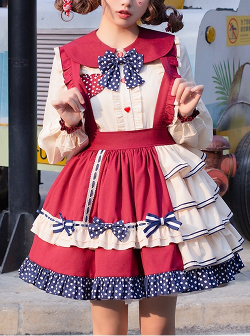 Fruity Bear Series Cute Bow Knots Decoration Polka Dot Hem Sweet Lolita Pleated Strap Skirt Matching Doll Collar Shirt