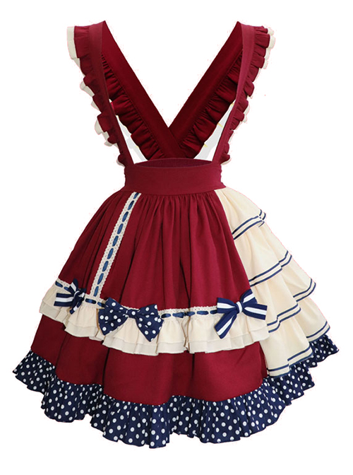 Fruity Bear Series Cute Bow Knots Decoration Polka Dot Hem Sweet Lolita Pleated Strap Skirt Matching Doll Collar Shirt