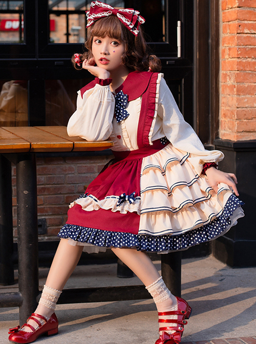 Fruity Bear Series Cute Bow Knots Decoration Polka Dot Hem Sweet Lolita Pleated Strap Skirt Matching Doll Collar Shirt