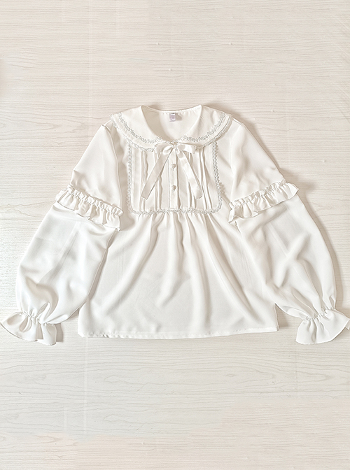 White Chiffon Doll Neckline Pleated Ruffle Detachable Long Sleeves Classic Lolita Shirt