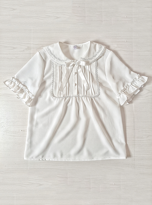 White Chiffon Doll Neckline Pleated Ruffle Detachable Long Sleeves Classic Lolita Shirt