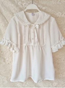 White Chiffon Doll Neckline Pleated Ruffle Detachable Long Sleeves Classic Lolita Shirt