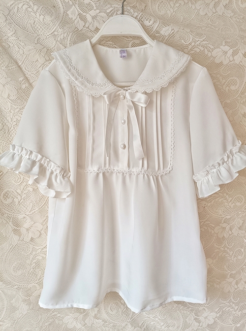 White Chiffon Doll Neckline Pleated Ruffle Detachable Long Sleeves Classic Lolita Shirt