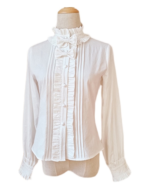 Classic Lolita Pleated Ruffle Stand Collar Bow Knots Decoration Long Sleeves White Shirt