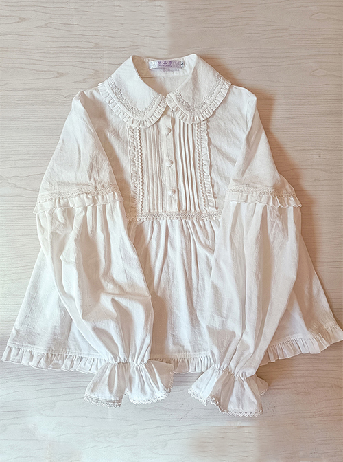 Cute Doll Neckline Hem Pleated Ruffle Simple White Cotton Classic Lolita Thickened Long Sleeve Shirt