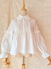 Cute Doll Neckline Hem Pleated Ruffle Simple White Cotton Classic Lolita Thickened Long Sleeve Shirt