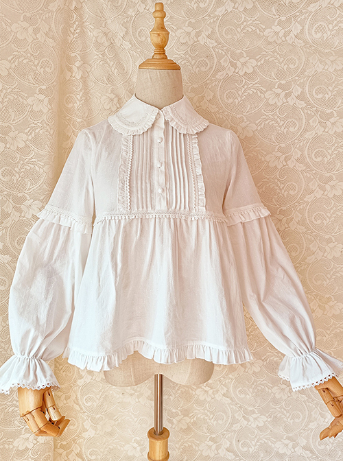 Cute Doll Neckline Hem Pleated Ruffle Simple White Cotton Classic Lolita Thickened Long Sleeve Shirt