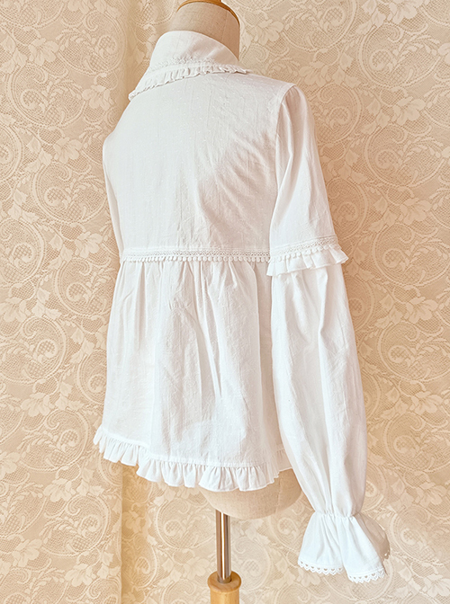 Cute Doll Neckline Hem Pleated Ruffle Simple White Cotton Classic Lolita Thickened Long Sleeve Shirt