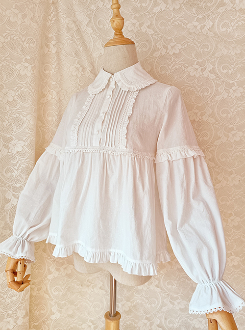 Cute Doll Neckline Hem Pleated Ruffle Simple White Cotton Classic Lolita Thickened Long Sleeve Shirt