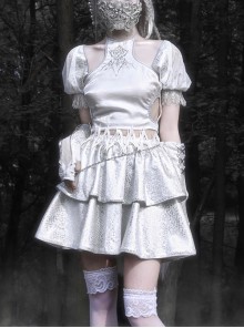 White Gothic Silver Dragon Series Embroidered Neckline Decoration Cutout Puff Sleeves Short Top
