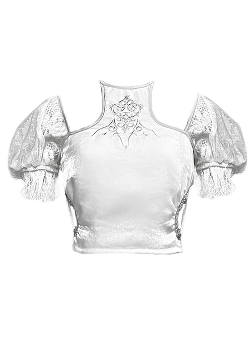 White Gothic Silver Dragon Series Embroidered Neckline Decoration Cutout Puff Sleeves Short Top