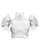 White Gothic Silver Dragon Series Embroidered Neckline Decoration Cutout Puff Sleeves Short Top