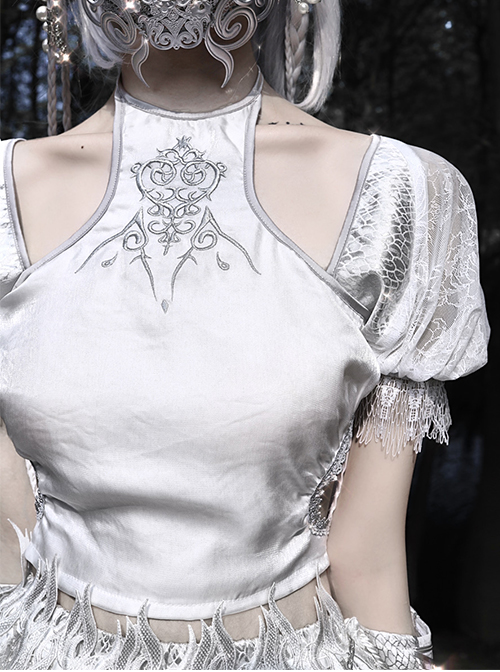 White Gothic Silver Dragon Series Embroidered Neckline Decoration Cutout Puff Sleeves Short Top