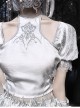 White Gothic Silver Dragon Series Embroidered Neckline Decoration Cutout Puff Sleeves Short Top