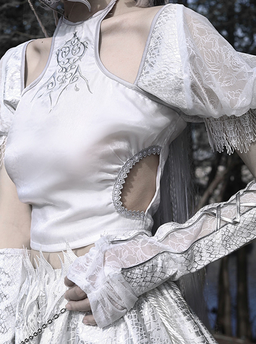 White Gothic Silver Dragon Series Embroidered Neckline Decoration Cutout Puff Sleeves Short Top