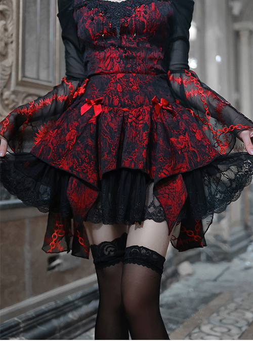 Hades Banquet Series Reddish Black Jacquard Design Lace Bow Knots Decoration Gothic Lolita Puffy Skirt