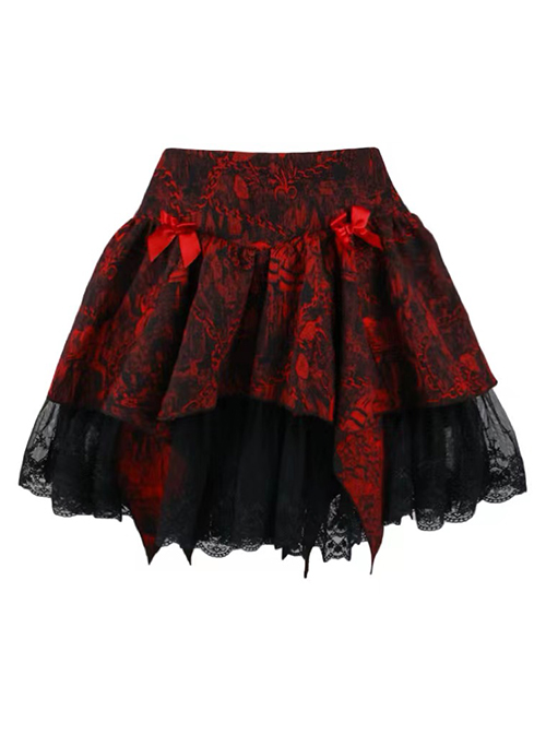 Hades Banquet Series Reddish Black Jacquard Design Lace Bow Knots Decoration Gothic Lolita Puffy Skirt