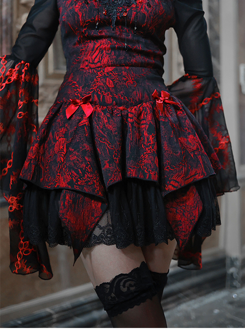 Hades Banquet Series Reddish Black Jacquard Design Lace Bow Knots Decoration Gothic Lolita Puffy Skirt