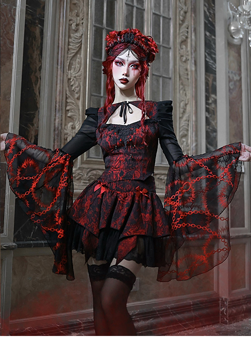 Hades Banquet Series Reddish Black Jacquard Design Lace Bow Knots Decoration Gothic Lolita Puffy Skirt