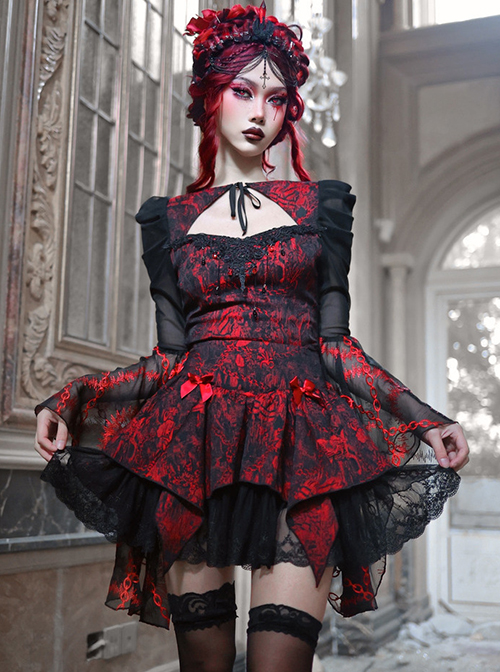 Hades Banquet Series Reddish Black Jacquard Design Lace Bow Knots Decoration Gothic Lolita Puffy Skirt