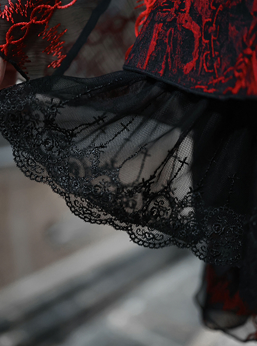 Hades Banquet Series Reddish Black Jacquard Design Lace Bow Knots Decoration Gothic Lolita Puffy Skirt