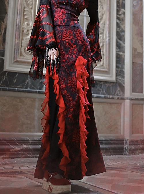 Gothic Hades Banquet Series Red Chiffon Wavy Pleats Decoration Sexy Jacquard Design Fishtail Skirt