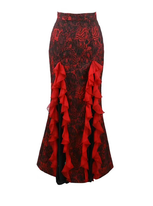 Gothic Hades Banquet Series Red Chiffon Wavy Pleats Decoration Sexy Jacquard Design Fishtail Skirt