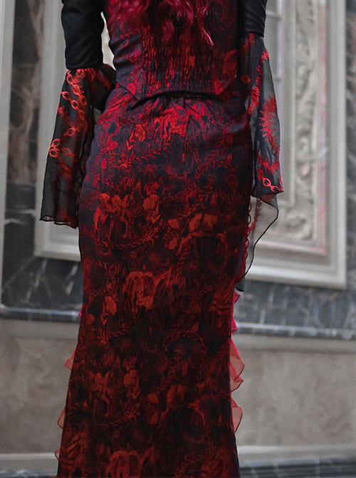 Gothic Hades Banquet Series Red Chiffon Wavy Pleats Decoration Sexy Jacquard Design Fishtail Skirt