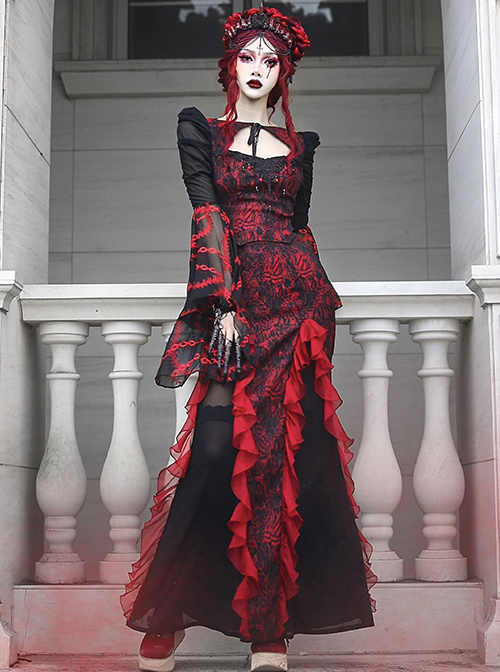 Gothic Hades Banquet Series Red Chiffon Wavy Pleats Decoration Sexy Jacquard Design Fishtail Skirt