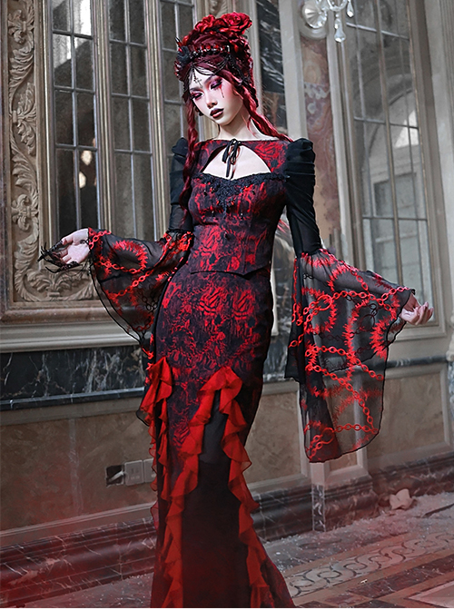 Gothic Hades Banquet Series Red Chiffon Wavy Pleats Decoration Sexy Jacquard Design Fishtail Skirt