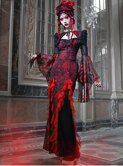 Gothic Hades Banquet Series Red Chiffon Wavy Pleats Decoration Sexy Jacquard Design Fishtail Skirt