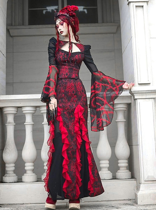 Gothic Hades Banquet Series Red Chiffon Wavy Pleats Decoration Sexy Jacquard Design Fishtail Skirt