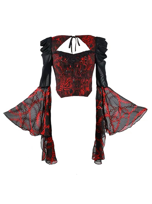 Gothic Hades Banquet Series Embossed Jacquard Embroidery Lace Strap Design Big Bell Sleeves Top