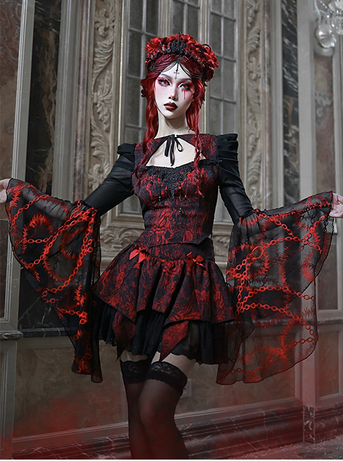 Gothic Hades Banquet Series Embossed Jacquard Embroidery Lace Strap Design Big Bell Sleeves Top