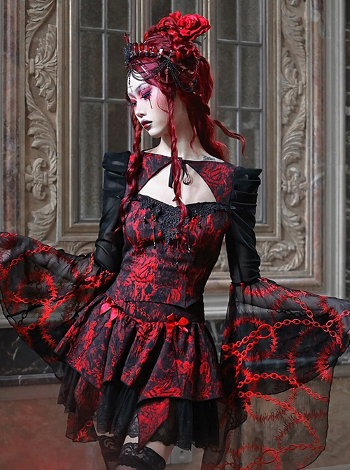 Gothic Hades Banquet Series Embossed Jacquard Embroidery Lace Strap Design Big Bell Sleeves Top