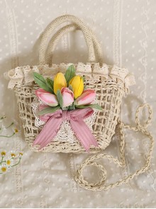 Tulip Lace Garden-Style Bow Knot Decoration Classic Lolita Straw Weave Bag