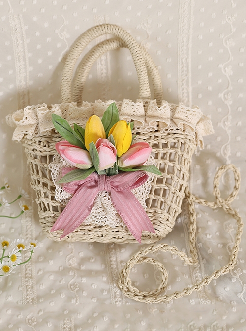 Tulip Lace Garden-Style Bow Knot Decoration Classic Lolita Straw Weave Bag