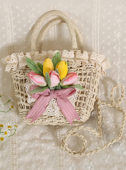 Tulip Lace Garden-Style Bow Knot Decoration Classic Lolita Straw Weave Bag