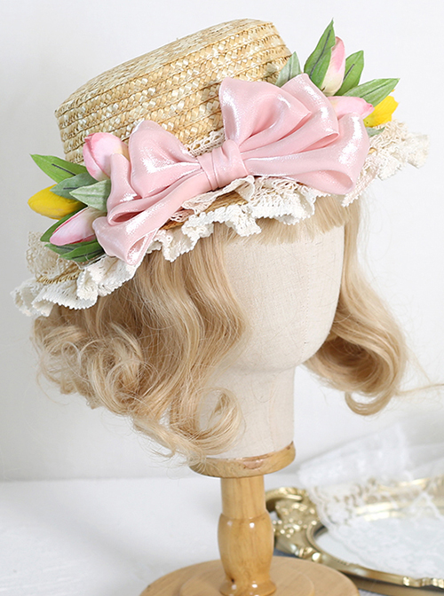 Pink Tulip Lace Bow Knot Decoration Classic Lolita Summer Shade Elegant Straw Adult Woven Hat