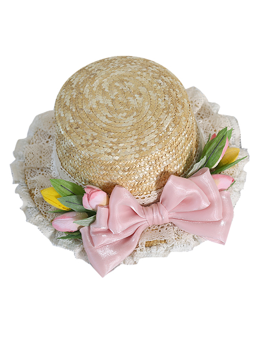 Pink Tulip Lace Bow Knot Decoration Classic Lolita Summer Shade Elegant Straw Adult Woven Hat