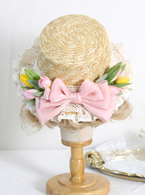 Pink Tulip Lace Bow Knot Decoration Classic Lolita Summer Shade Elegant Straw Adult Woven Hat