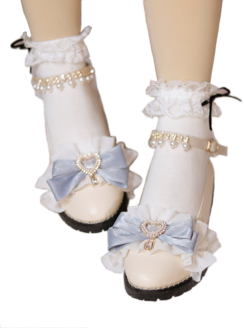 Daily Soft Cute Ruched Lace Bow Knot Trim Pearl Pendant Heart Metal Classic Lolita Chunky Heels